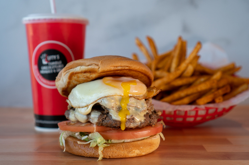 Lefty's burger, fries, and drink