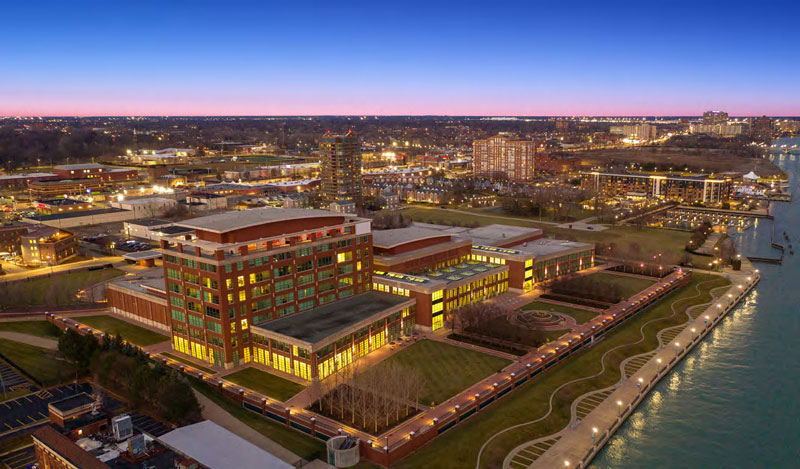 Aerial view of The ICON building in Detroit.