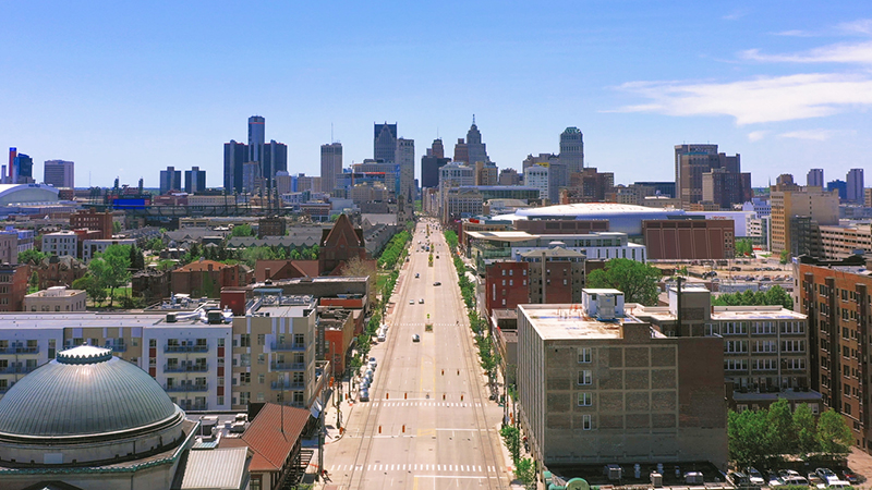 Aerial view of Detroit city with Woodward ave