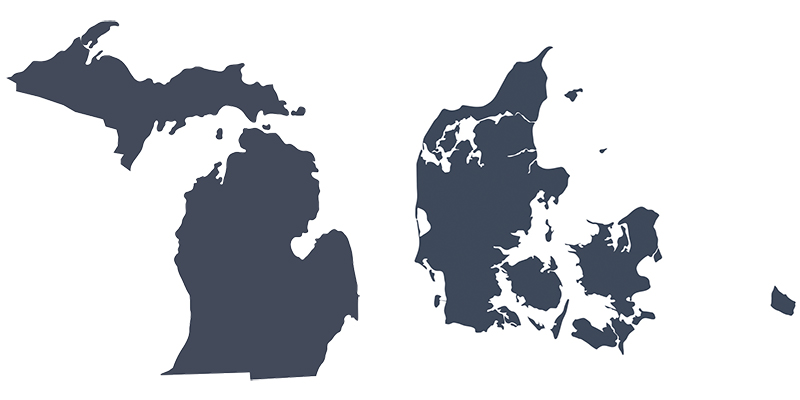 silhouette of michigan (left) and denmark (right)