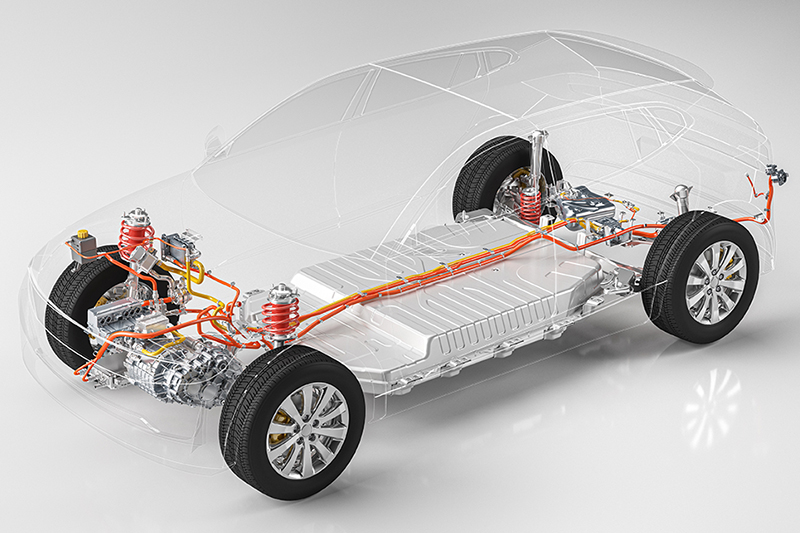 Modern electric car chassis x-ray vehicle battery in studio environment line art 3d render