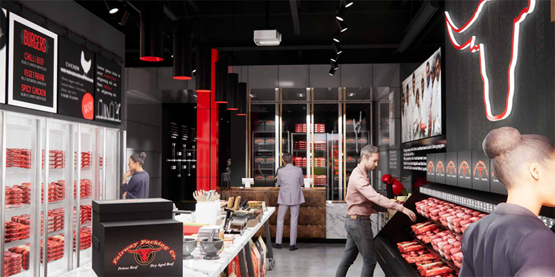 a rendering of customers inside The Steak Shop, a counter is on the left, and there are meat freezers throughout the space.