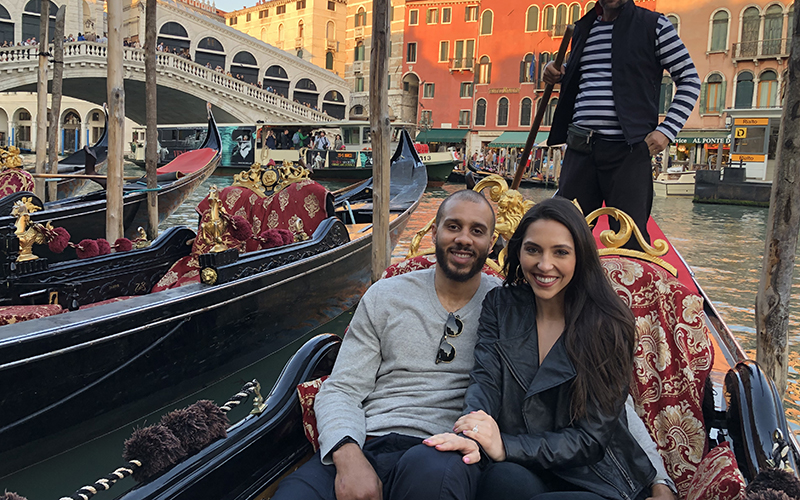 Jordan Morgan and K.T. Maviglia-Morgan, recent first place winners of the Tech Town Start Studio Award for their online travel guide, on a gondola in Venice. // Courtesy of On Arrival