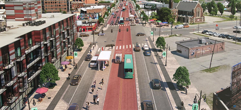 A rendering of Michigan Avenue in Corktown following the completion of construction on the Detroit Mobility and Innovation Corridor. // Courtesy of the Michigan Department of Transportation