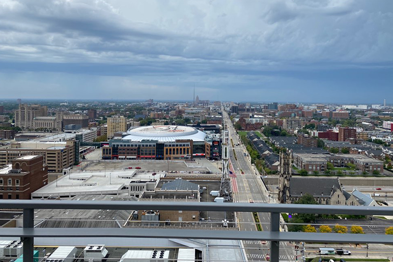 A north-facing view of Little Caesars Arena from the rooftop terrace of Detroit's Huntington Tower. // Courtesy of R.J. King