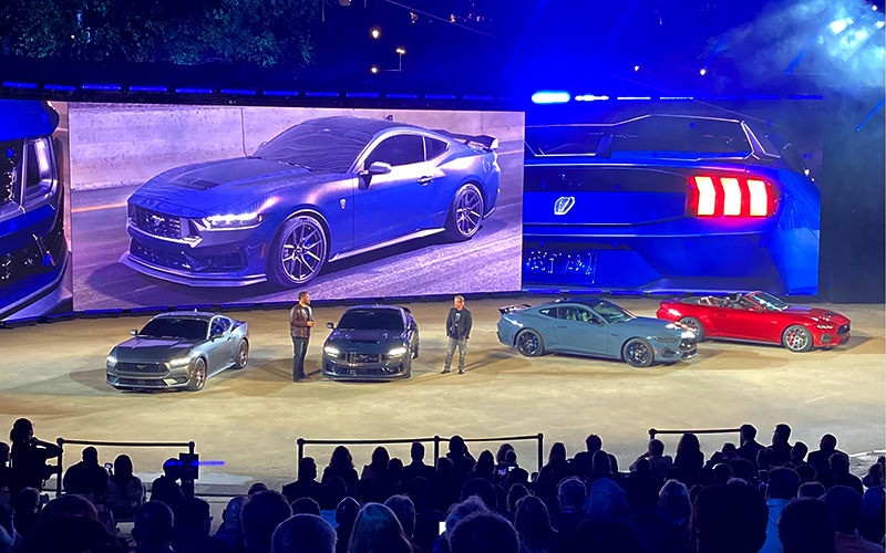 The all-new Ford Mustang, including the high-powered Dark Horse variant, were unveiled at an event Wednesday evening at Hart Plaza in downtown Detroit. // Photo by Tim Keenan