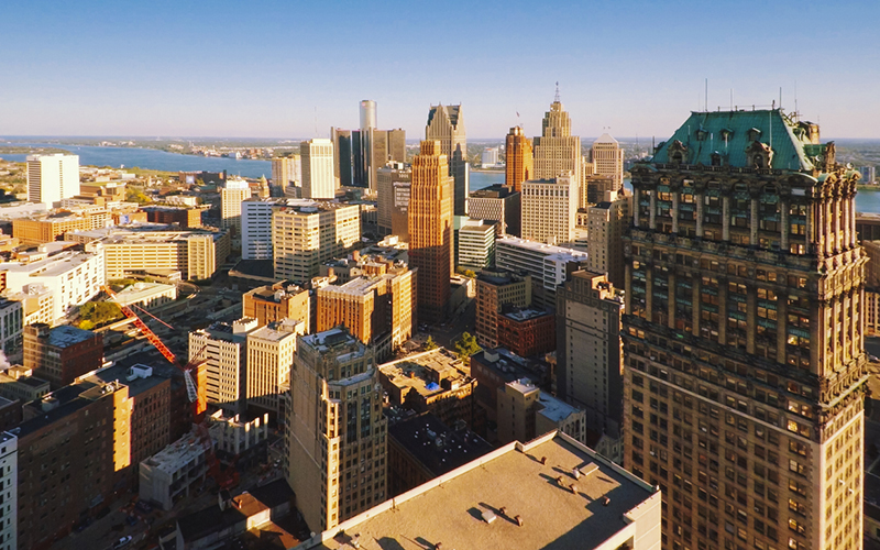 Detroit Michigan Downtown skyline with Book tower building Aerial Sunset