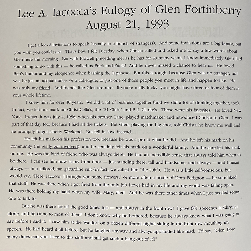 Last Words - Excerpts from Lee Iacocca's eulogy, from "He Stood Much Taller Than Most," published by Ross Roy Inc. // Courtesy of 