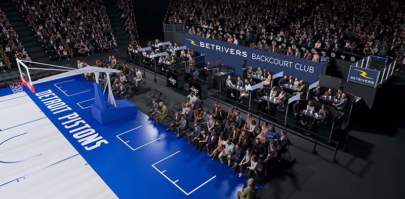 A new floor level club called the BetRivers Backcourt Club will debut at Little Caesars Arena in Detroit for the Pistons' home opener. // Courtesy of the Detroit Pistons