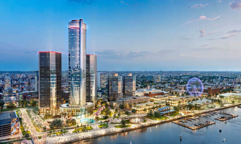A rendering of the $1.6 billion redevelopment of the Renaissance Center and its adjacent riverfront shows the vision of Bedrock and GM.